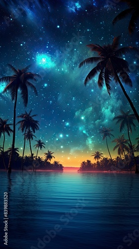 Tropical paradise night   stars   glowing palmtrees  generative ai