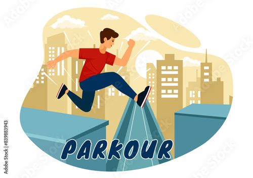 Parkour Sports Vector Illustration featuring Young Men Jumping Over Walls and Barriers in City Street and Building in a Flat Style Cartoon Background