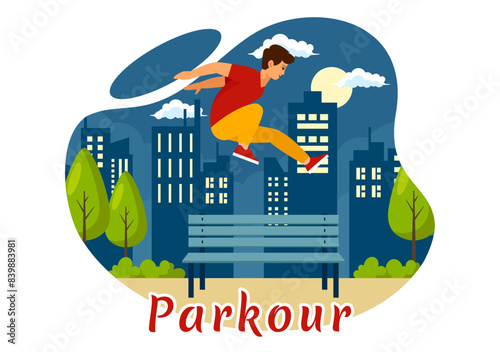 Parkour Sports Vector Illustration featuring Young Men Jumping Over Walls and Barriers in City Street and Building in a Flat Style Cartoon Background