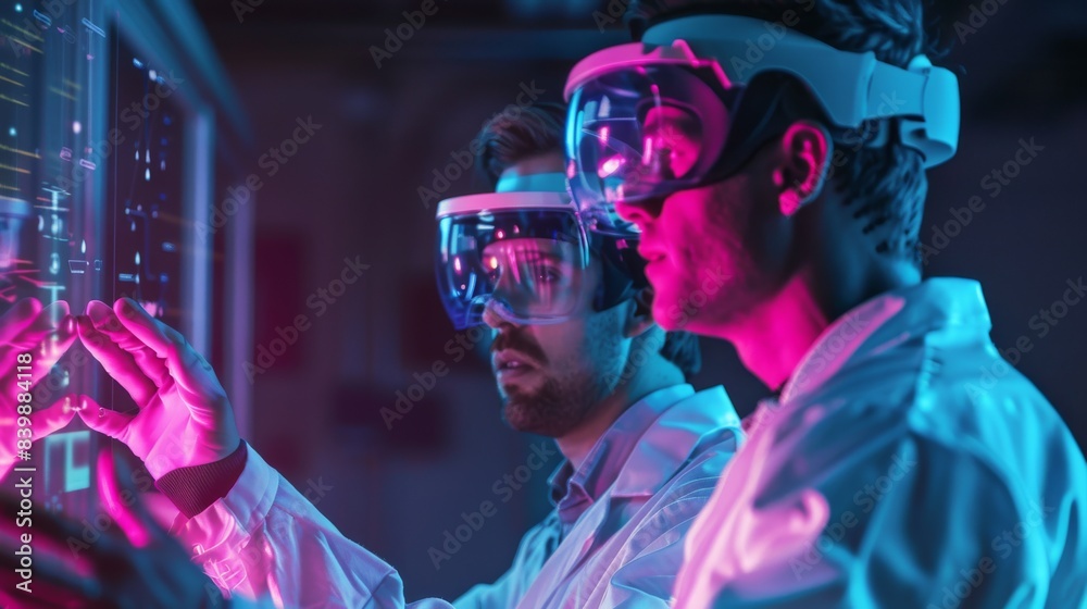 Scientists wearing VR headsets interacting with virtual screen in a futuristic lab, conducting advanced technology research. Scientists wearing VR headsets interacting with virtual screen in a futuristic lab, conducting advanced technology research.
