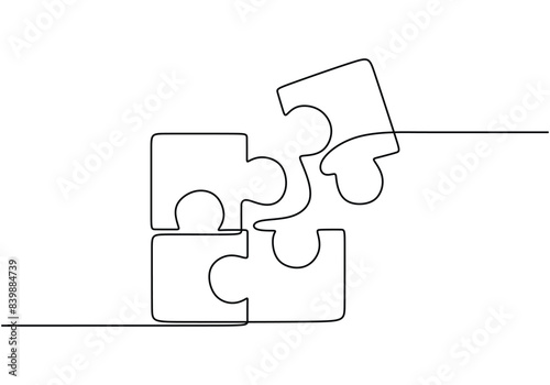 Puzzle pieces continuous line drawing. Problem solving solution business concept Vector illustration