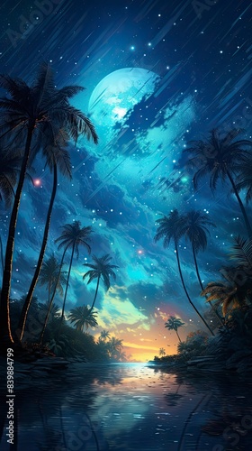 Tropical paradise night   stars   glowing palmtrees  generative ai