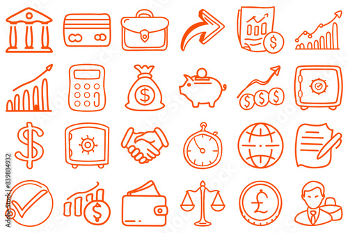 hand drawn business and finance icon set line style,doodle icon set