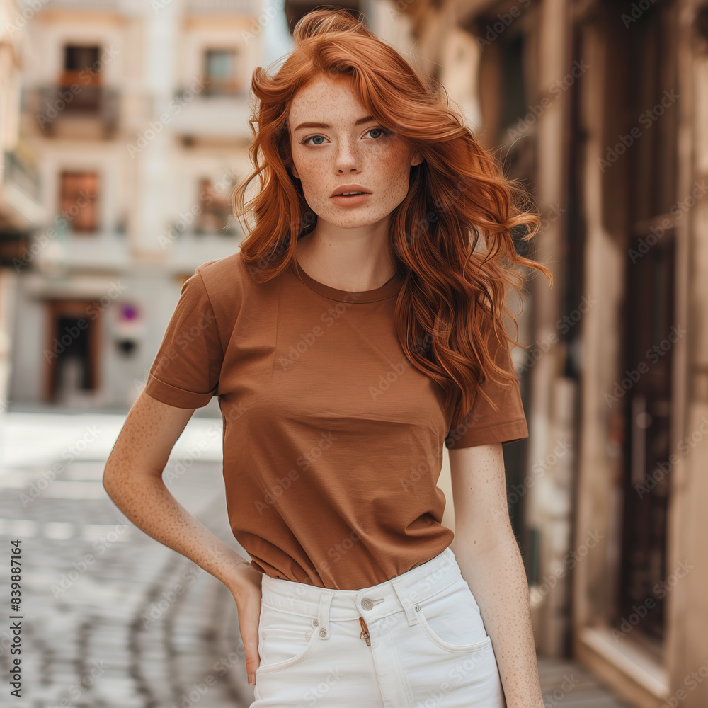 Beautiful red haired girl with curly hair posing for a closeup portrait. A fashionable young woman in a casual outfit with a trendy style.