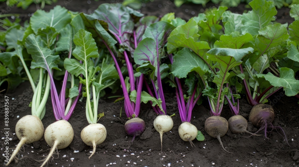 purple beets and white turnips on top of dark soil generative ai Stock ...