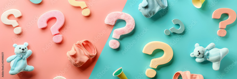 Question marks and baby accessories on dual background - Colorful baby ...