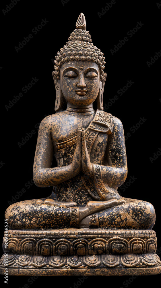 Buddha statue with rustic texture - An intricately detailed Buddha statue adorned with rustic textures on a black background Buddha statue with rustic texture - An intricately detailed Buddha statue adorned with rustic textures on a black background