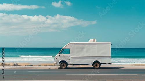 mock up clean white food truck, stopped on the side of the road near the beach, with calm sea waves and blue sky, Ai generated Images © mohammad