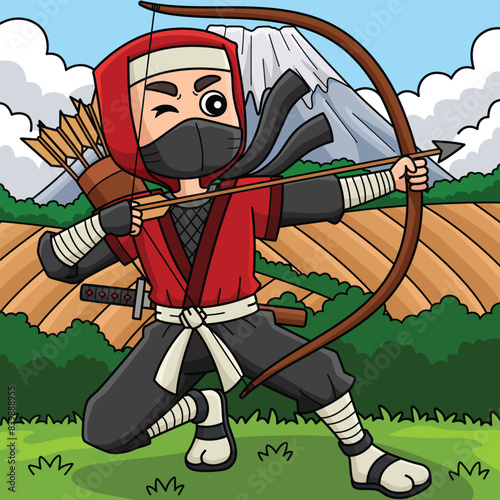 Ninja with a Bow and Arrow Colored Cartoon 