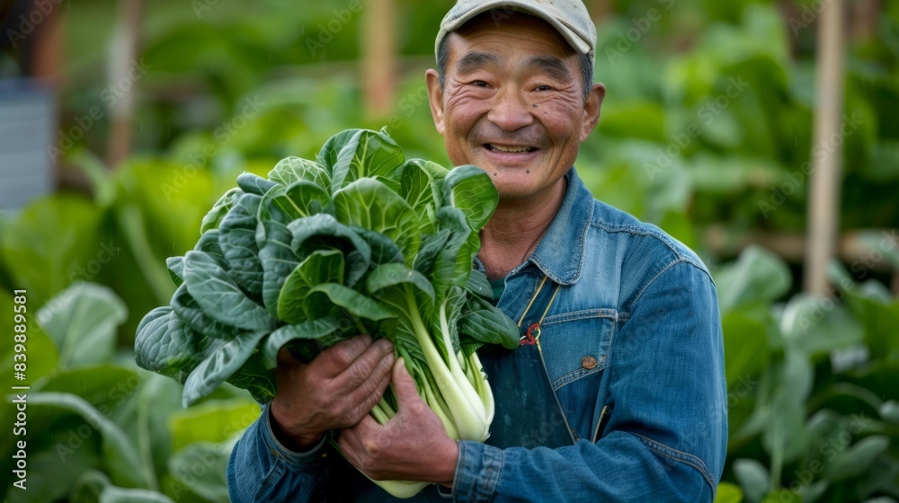 Obraz premium farmer smiling while holding a bunch of bok choy and pak choi generative ai
