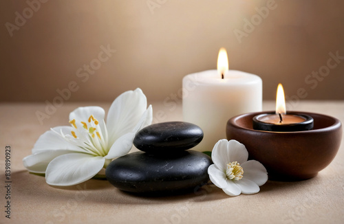 Beautiful spa background  Candles and black hot stone on wooden background
