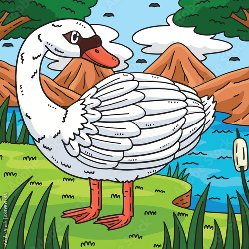 White Swan Bird Colored Cartoon Illustration
