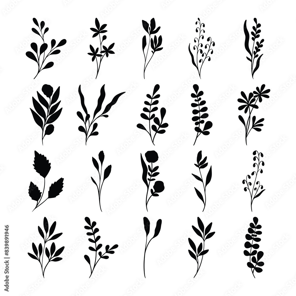Set of plants and flower silhouette Set of plants and flower silhouette