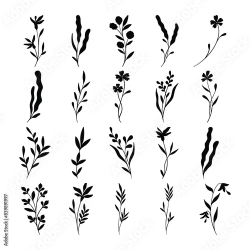 Set of plants and flower silhouette
