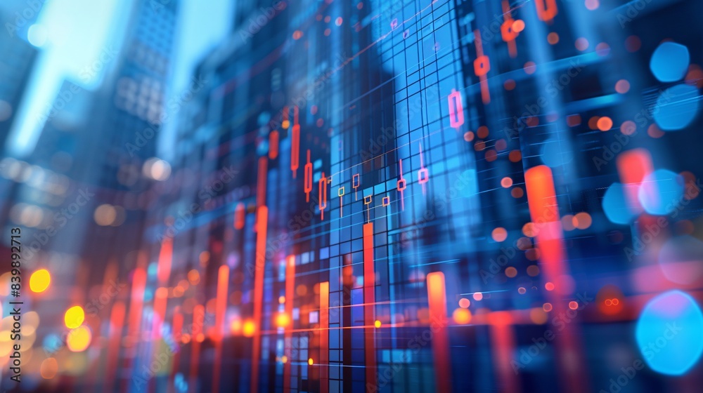 3D render of an upward trending graph with bar lines, placed on top of digital media in front of office buildings, symbolizing business growth and success. The background is blurred to focus 3D render of an upward trending graph with bar lines, placed on top of digital media in front of office buildings, symbolizing business growth and success. The background is blurred to focus