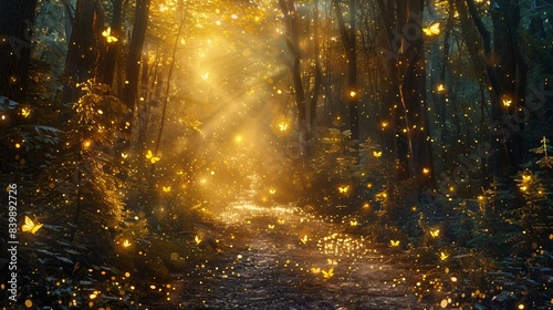 Enchanted forest with fireflies, golden light, and mysterious path
