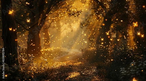 Enchanted forest with fireflies, golden light, path to darkness