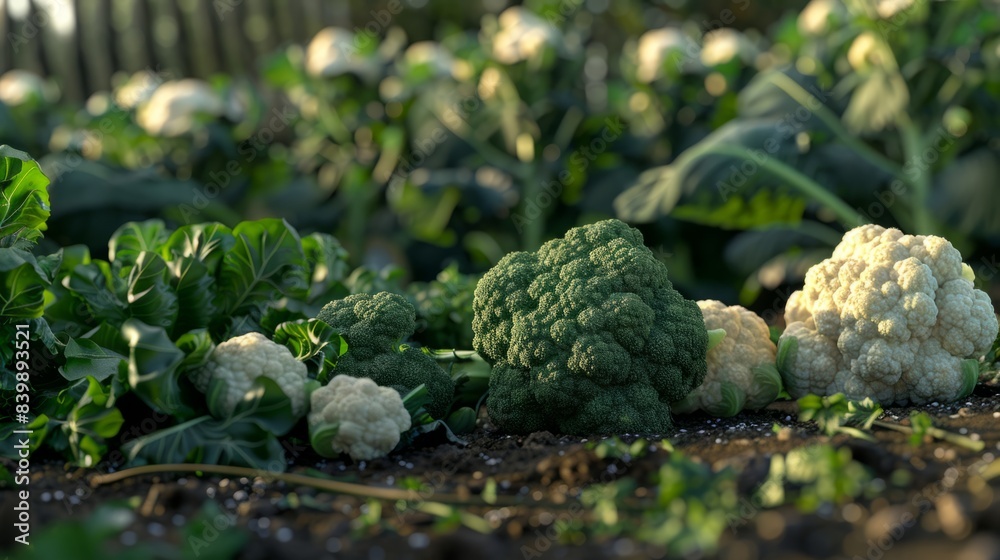 heads of green broccoli and white cauliflower arranged on the ground generative ai heads of green broccoli and white cauliflower arranged on the ground generative ai
