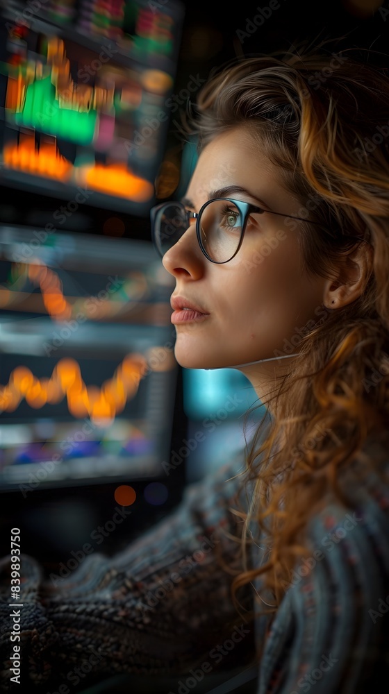 Woman Analyzing Market Trends on Multiple Monitors for Strategic Investment and Financial Planning Woman Analyzing Market Trends on Multiple Monitors for Strategic Investment and Financial Planning