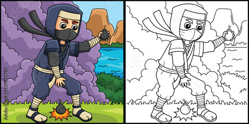Ninja with a Smoke Bomb Coloring Page Illustration