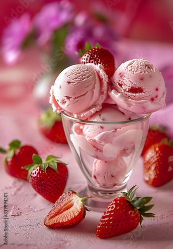 strawberry ice cream balls in glass cup, very delicious and watermouth : Generative AI photo