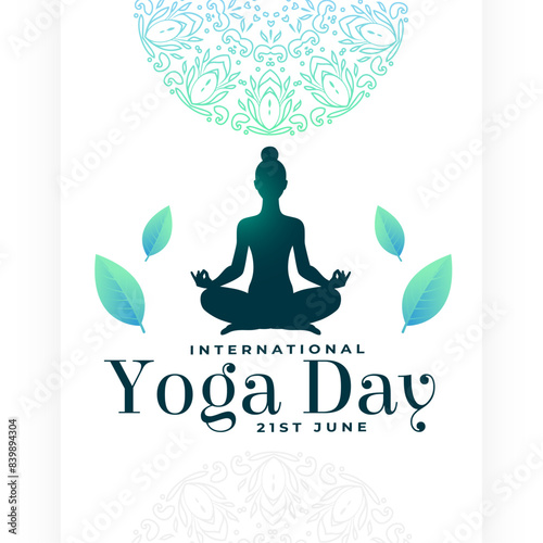 world yoga day celebration poster with falling green leaves