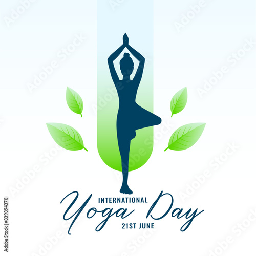 international yoga day, woman doing asana with green eco leaves