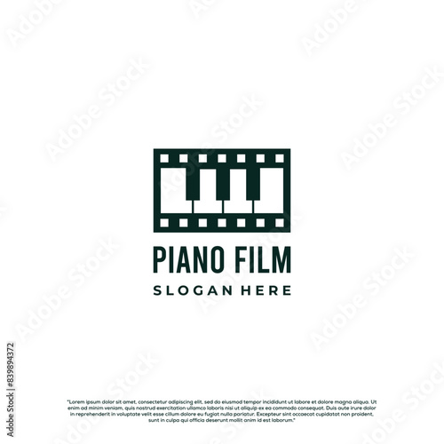 music cinema media entertainment simple logo, film roll with piano template vector illustration