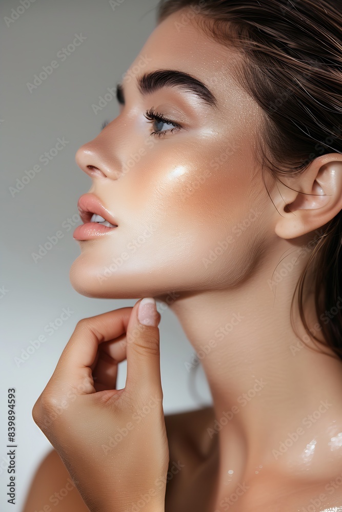 a beautiful woman touching her chin : Generative AI a beautiful woman touching her chin : Generative AI