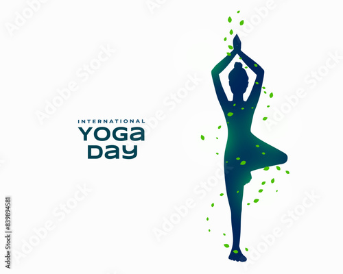 international yoga day poster, woman doing surya namaskar asana with leaves