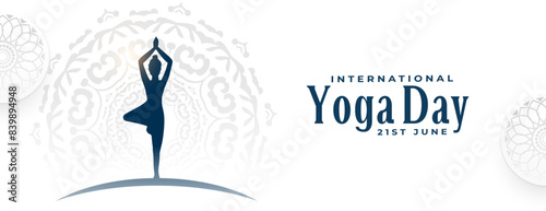 international yoga day white banner woman in surya namaskar posture