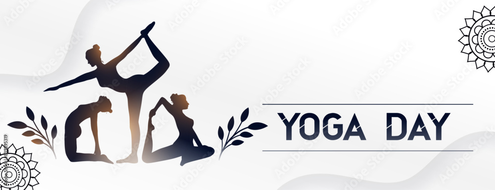 international yoga day white banner woman doing asana with leaves international yoga day white banner woman doing asana with leaves