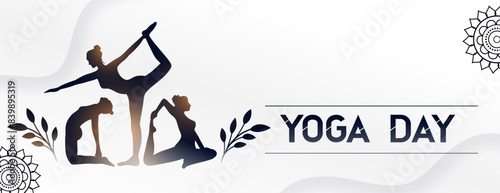 international yoga day white banner woman doing asana with leaves