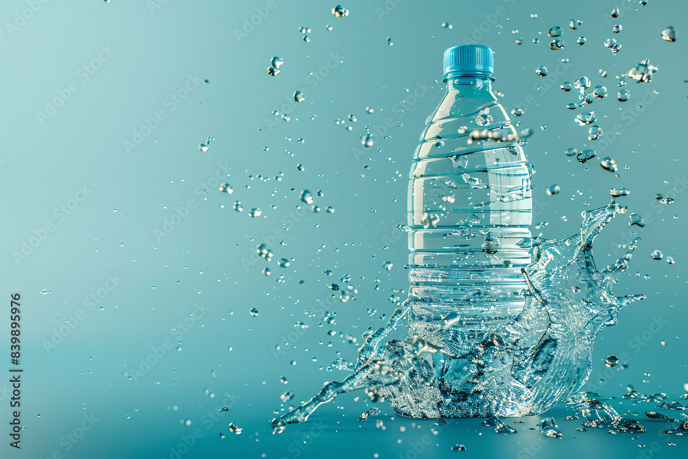 A clear plastic bottle filled with refreshing mineral water, isolated on a blue background A clear plastic bottle filled with refreshing mineral water, isolated on a blue background