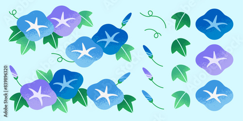 3色の朝顔の花のパーツセット