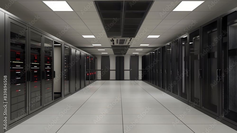 Server racks in computer network security server room data center. 3D render Server racks in computer network security server room data center. 3D render
