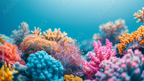 A colorful coral reef with pink  yellow  and orange coral. The colors are vibrant and the reef is full of life
