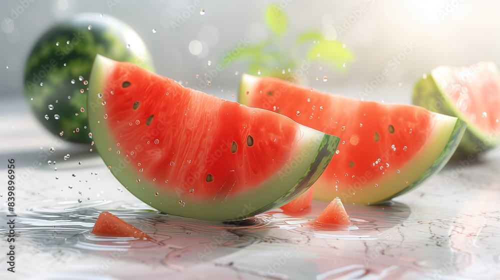 Fresh watermelon slices with splashing water on a blue background. Slices of fresh juicy watermelon falling on pink background. Slice of watermelon on white background. Falling watermelon isolated.
Fresh watermelon slices with splashing water on a blue background. Slices of fresh juicy watermelon falling on pink background. Slice of watermelon on white background. Falling watermelon isolated.