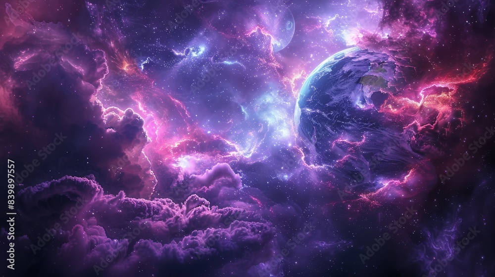 Dynamic digital art of Earth in headphones, surrounded by vibrant cosmic scenery, merging music and space in a futuristic style Dynamic digital art of Earth in headphones, surrounded by vibrant cosmic scenery, merging music and space in a futuristic style