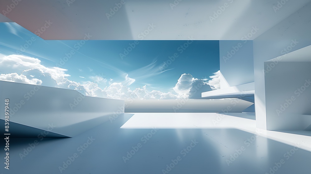 white background with an open wall in the center, a flat blue sky above and clouds below : Generative AI white background with an open wall in the center, a flat blue sky above and clouds below : Generative AI
