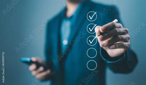 detail business verify task. checklist concept, task audit in a list of documents, tick the checkmark in the survey item. tick mark evaluation in options check form online, process order