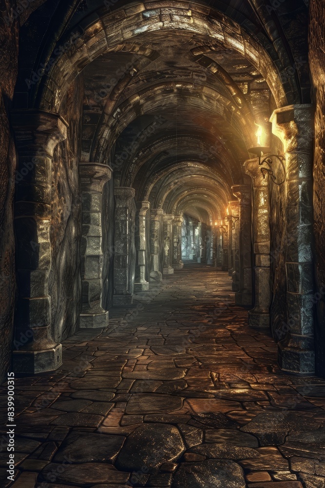 Fototapeta premium A long, narrow room with a lot of pillars and a lot of light. The room is very dark and empty