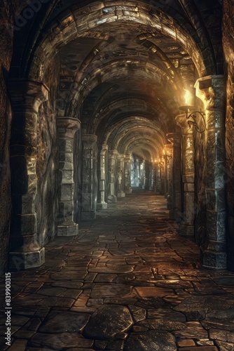 A long  narrow room with a lot of pillars and a lot of light. The room is very dark and empty