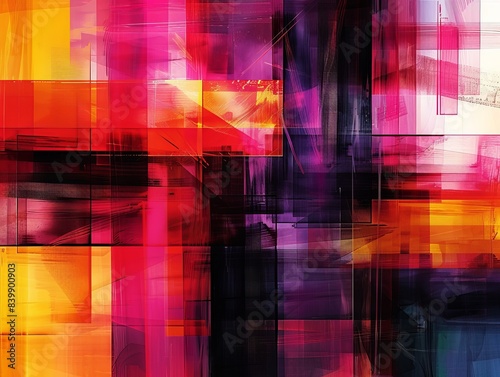 Digital geometric art with a glitch effect, featuring fragmented shapes and vivid colors in an abstract composition