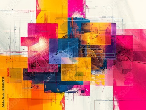 Digital geometric art with a glitch effect, featuring fragmented shapes and vivid colors in an abstract composition