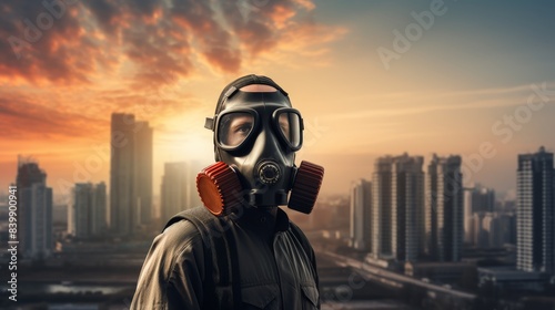 A man wearing a gas mask and a backpack stands in front of a city skyline. Concept of danger and uncertainty, as the man is prepared for a potential disaster or emergency