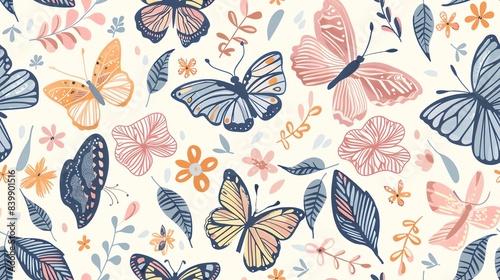 Charming hand-drawn butterflies, flora, and leaves in a seamless pastel pattern