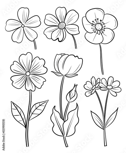 Simple coloring book, cartoon style drawings of different types of flowers, simple line art with thick lines and low detail, no shading, white background, flat design,