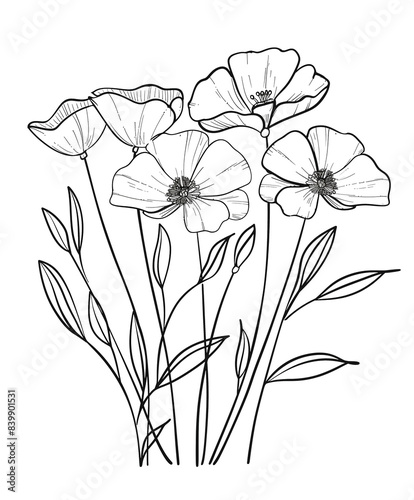 Simple coloring book, cartoon style drawings of different types of flowers, simple line art with thick lines and low detail, no shading, white background, flat design,
