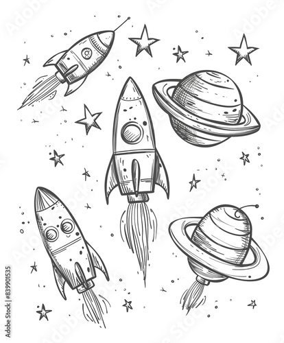 Simple coloring book, cartoon style drawings of various space objects like rockets, planets, and stars, simple line art with thick lines and low detail, no shading, white background, flat design, 